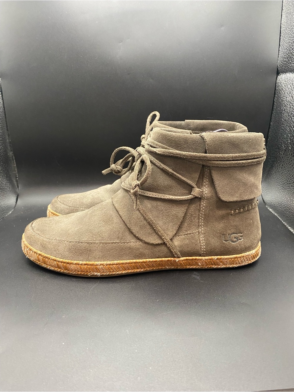 UGG Boots Bootie Reid Womens Size 8 Gray Suede Ankle Wrap Moc Toe Side Zip